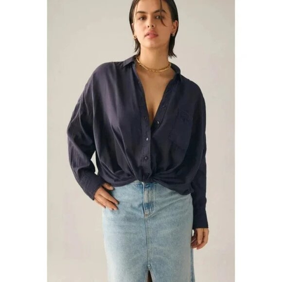 Anthropologie Pilcro Dark Blue Button Up Twist Front Top - Picture 1 of 6